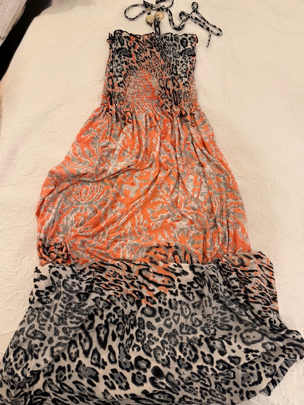 Y2K Mixed Animal Print Halter Maxi Dress | Smocked Bodice Beaded Tie